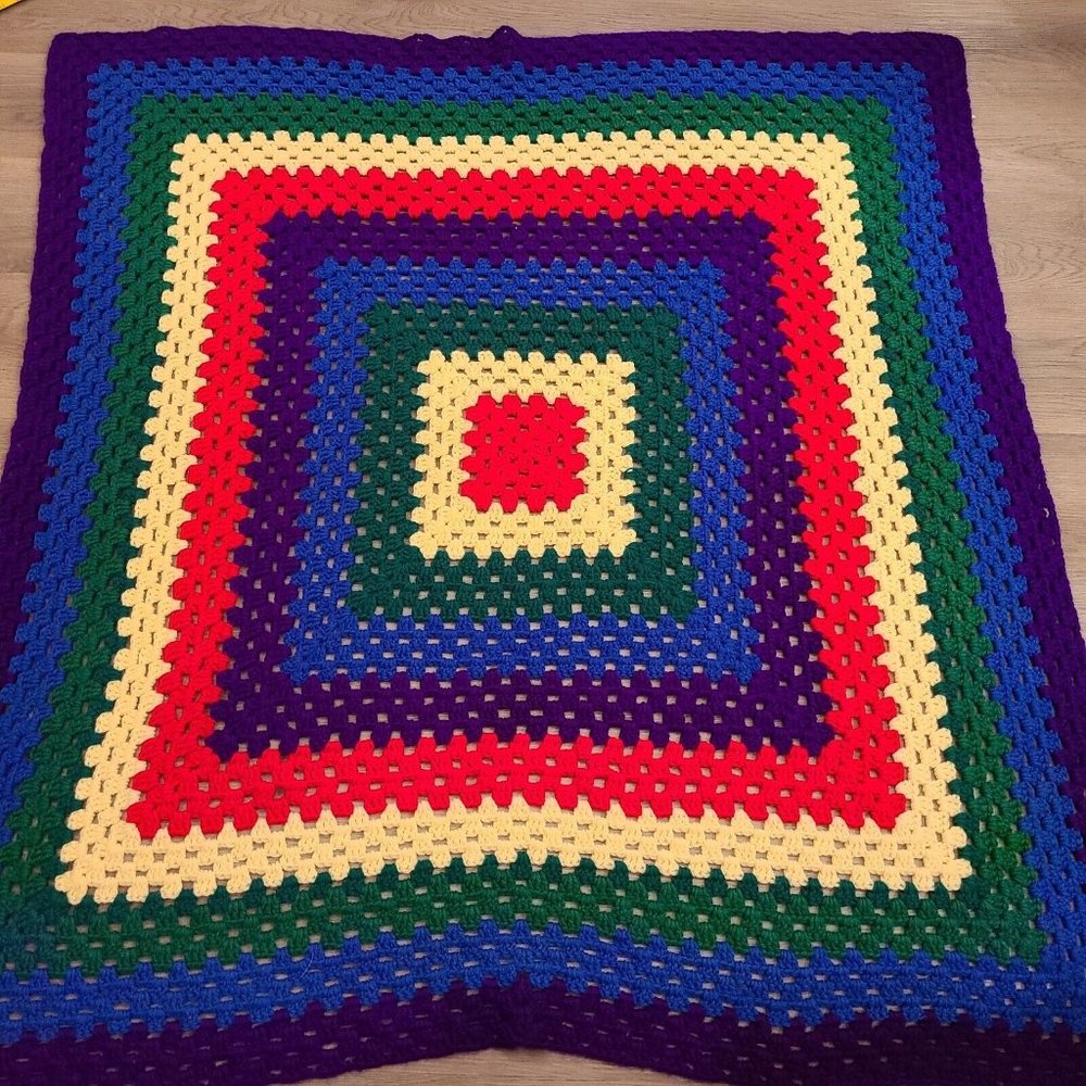 Crochet‎ Colorful Blue Green Red Yellow Afghan Blanket Throw Couch 51 x 48 Hand
